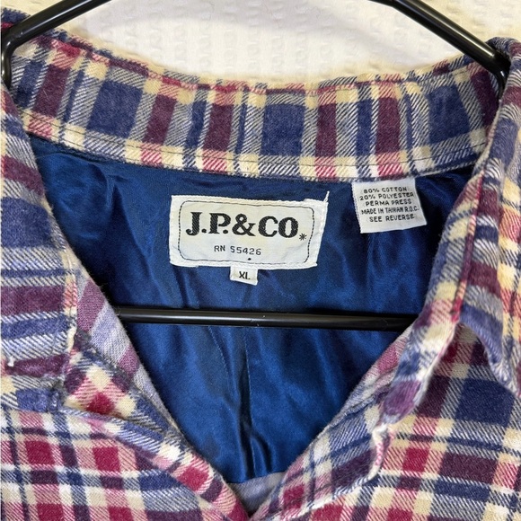 Rare Vintage JP & CO Heavyweight Flannel Shirt XL Plaid Navy Blue Red Brown 90s - Picture 5 of 6
